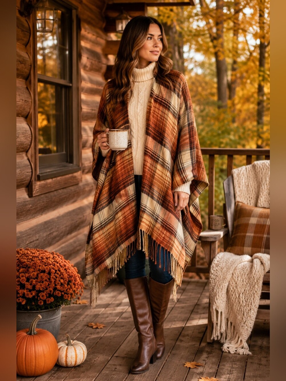 🍂 Pretty Persuasions Plaid Fringe Ruana Poncho Wrap